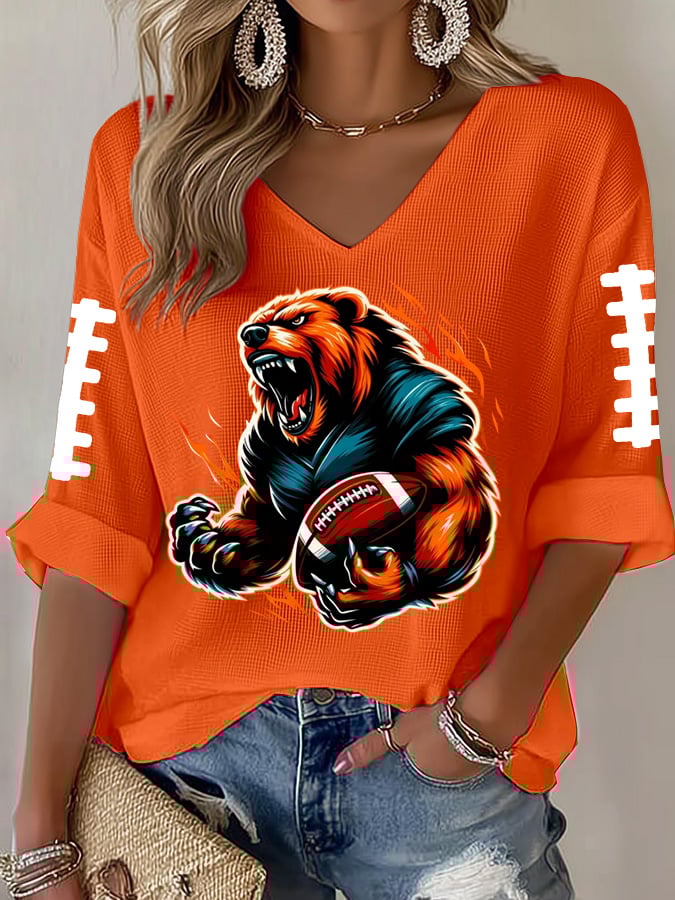 Women's Football Print Waffle Long Sleeve T-Shirt