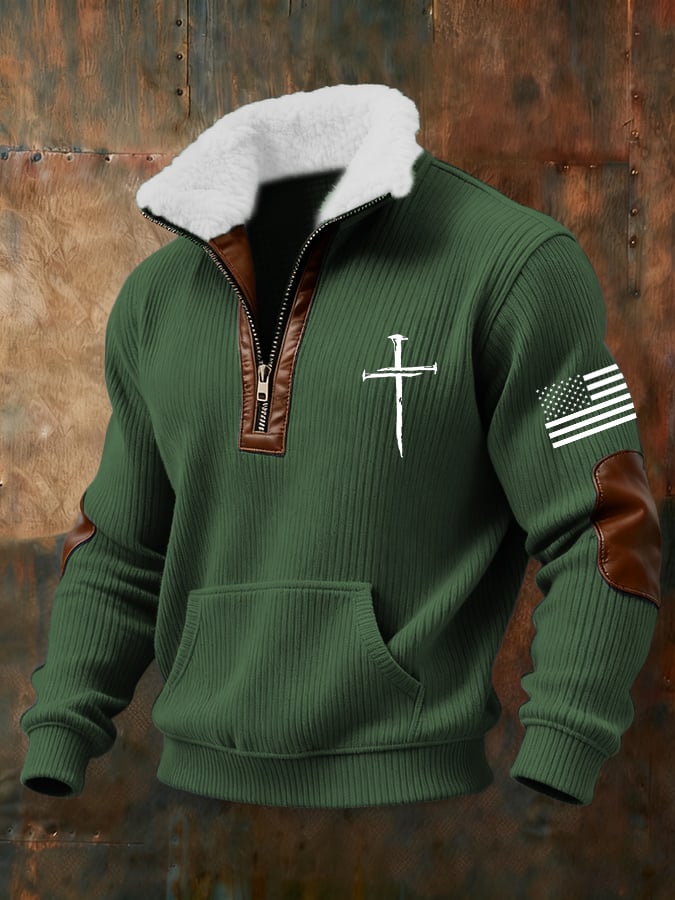 Men's Retro Faith Cross Print Zipper Fur Collar Long Sleeve Sweatshirt