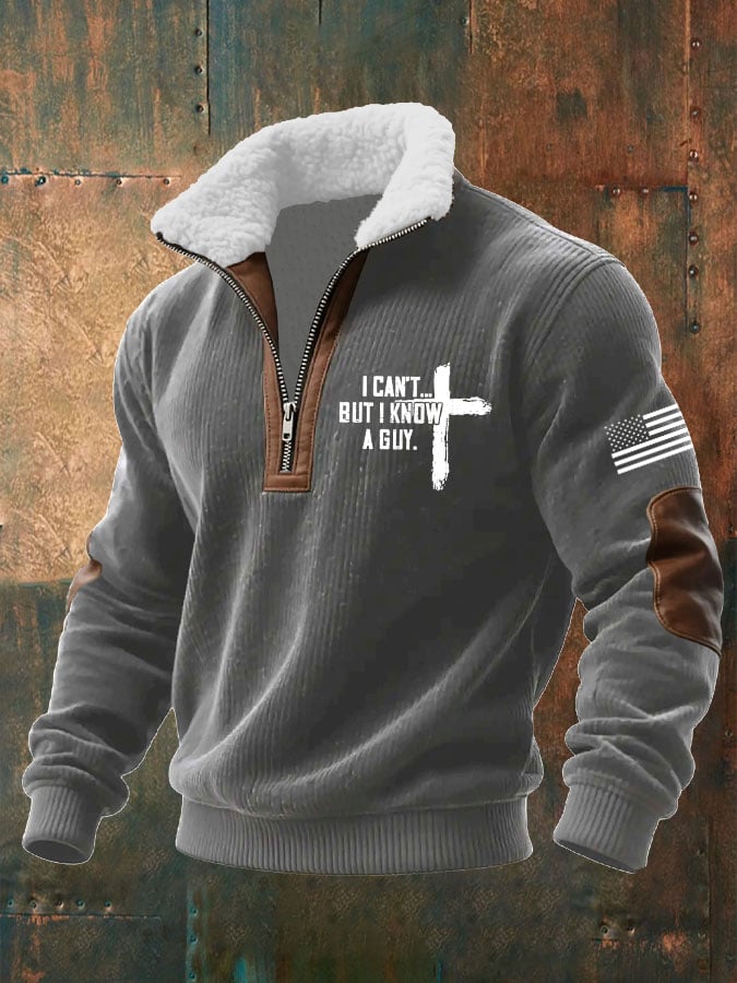 Men's I Can't But I Know A Guy Printed Knitted Fabric Zipper Fur Collar Long-Sleeved Sweatshirt