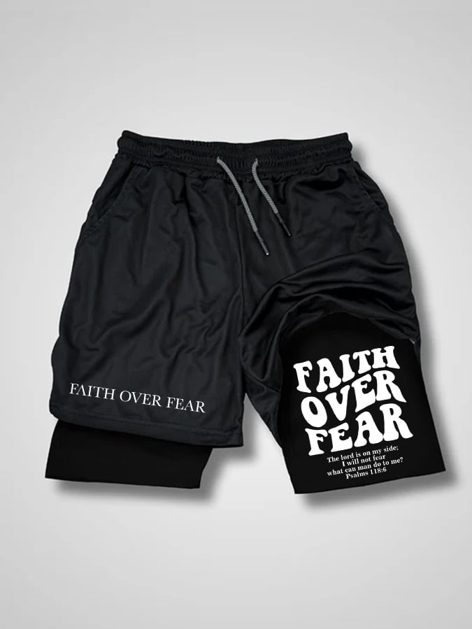 🔥Buy 3 Get 15% Off🔥Men'S Faith Over Fear Print Double Layer Shorts (With Pockets)