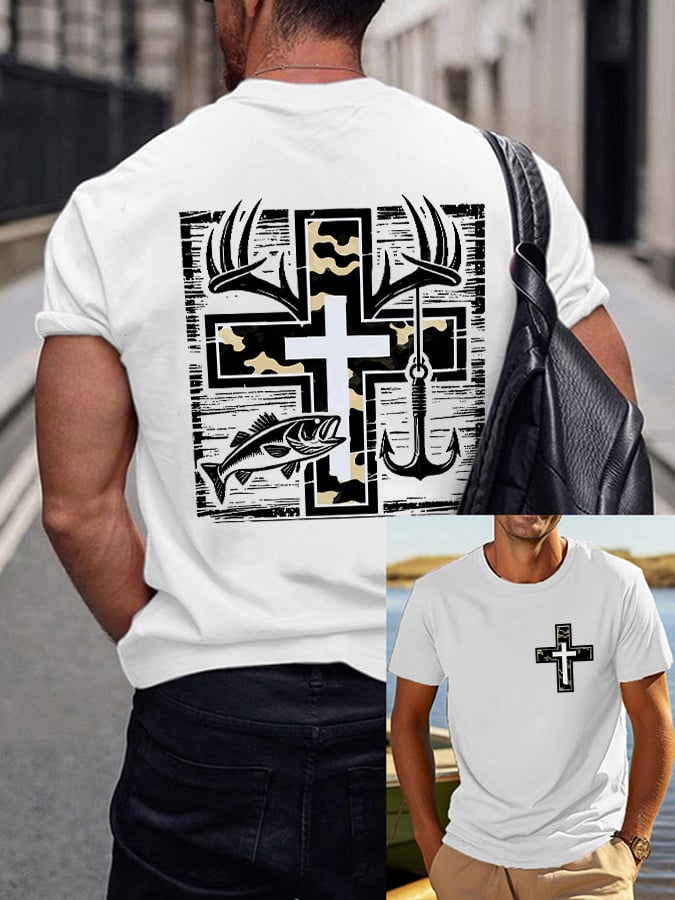 Men's Retro Faith Fishing Hunting Print T-Shirt