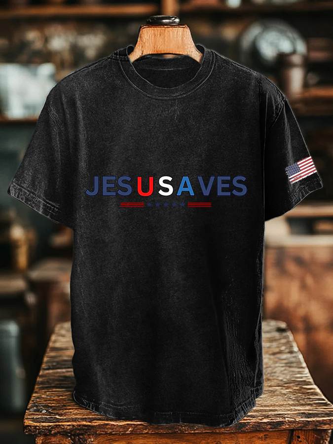 š„Buy 3 Get 15% Offš„Men's Vintage USA Jesus Saves Printed Round Neck T-Shirt