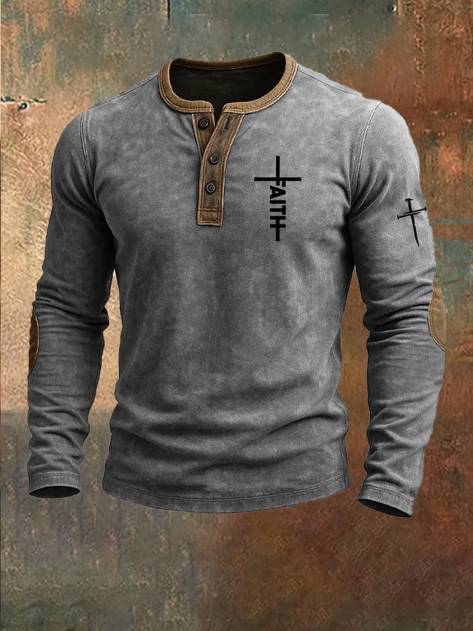 🔥Buy 3 Get 15% Off🔥Men's Vintage Faith Cross Print Henley Collar Shirt