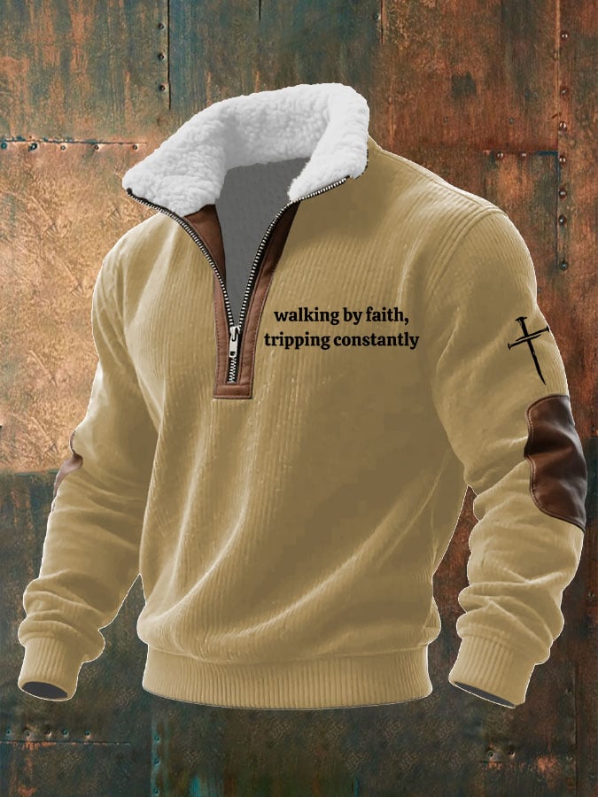 Men's Walking by Faith Tripping Constantly Printed Knitted Fabric Zipper Fur Collar Sweatshirt