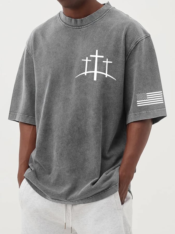 🔥Buy 3 Get 15% Off🔥Men's Flag Faith Cross Printed Cotton Washed T-Shirt