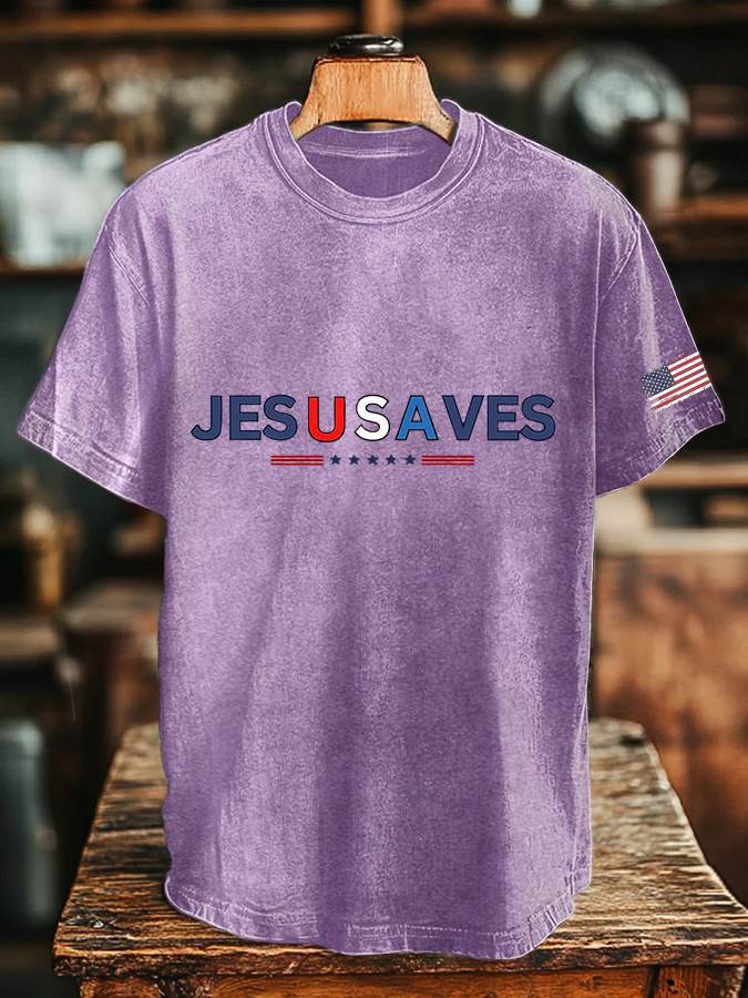 🔥Buy 3 Get 15% Off🔥Men's Vintage USA Jesus Saves Printed Round Neck T-Shirt