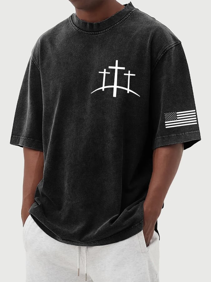 🔥Buy 3 Get 15% Off🔥Men's Flag Faith Cross Printed Cotton Washed T-Shirt