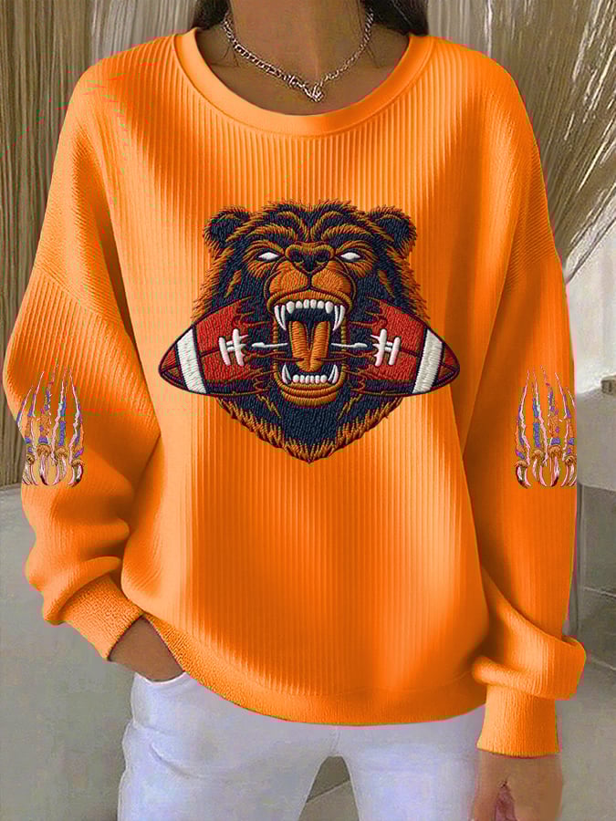 Women's Football Print Knit Crew Neck Long Sleeve Top