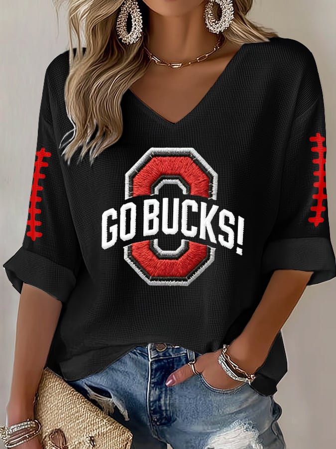 Women's Football Print Waffle Long Sleeve T-Shirt