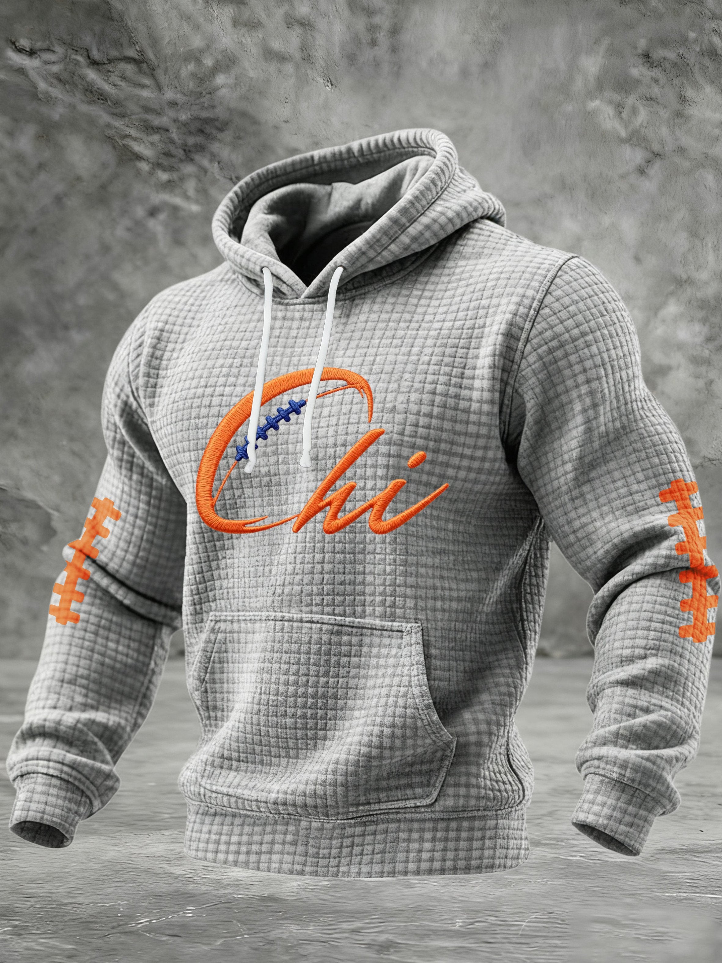Men's Football Print Checkered Fabric Hooded Sweatshirt