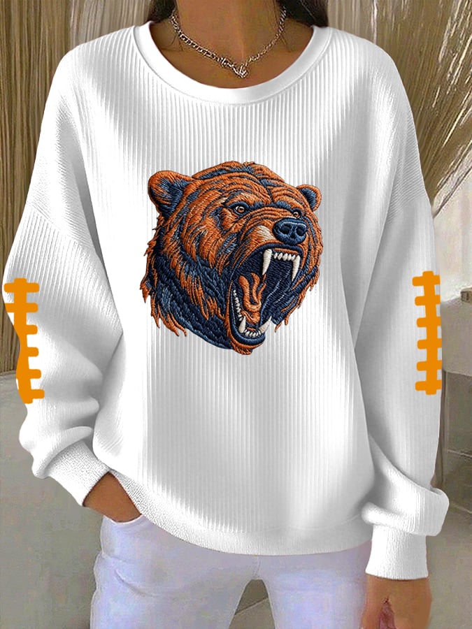 Women's Football Print Knit Crew Neck Long Sleeve Top