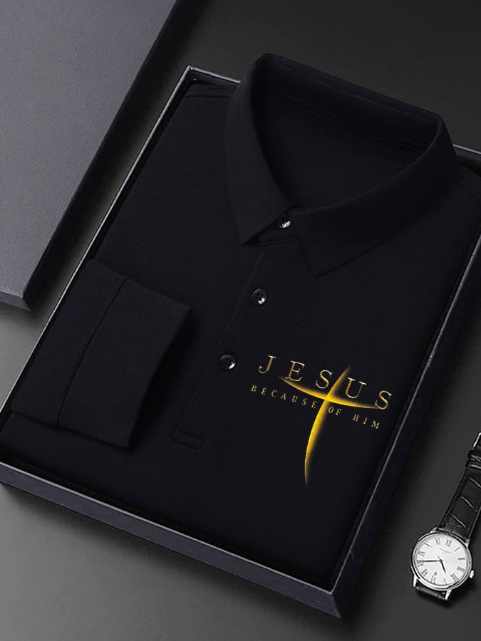 š„Buy 3 Get 15% Offš„Men's Vintage Faith āJesus Because Of Himā Long Sleeves Polo Shirt