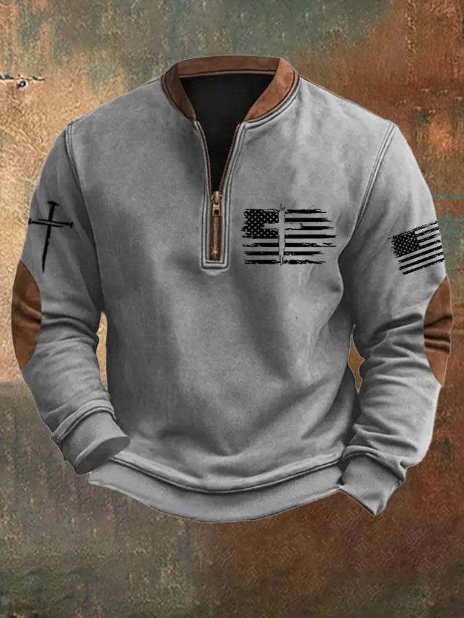 Men's Flag Cross Printed Zip Collar Sweatshirt