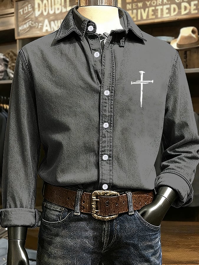 🔥Buy 3 Get 15% Off🔥Men's Vintage Faith Cross Design Printed Long Sleeve Casual Shirt