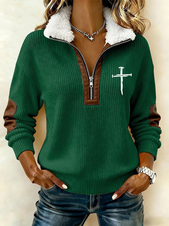 Women's Casual Retro Faith Print Patchwork Fur Collar Long-Sleeve Sweatshirt