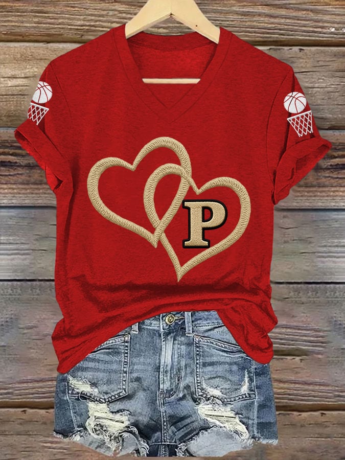 Women's Basketball Print V Neck T-shirt