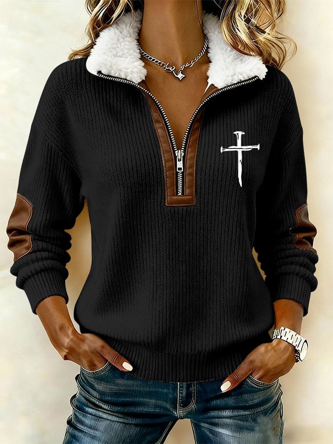 Women's Casual Retro Faith Print Patchwork Fur Collar Long-Sleeve Sweatshirt