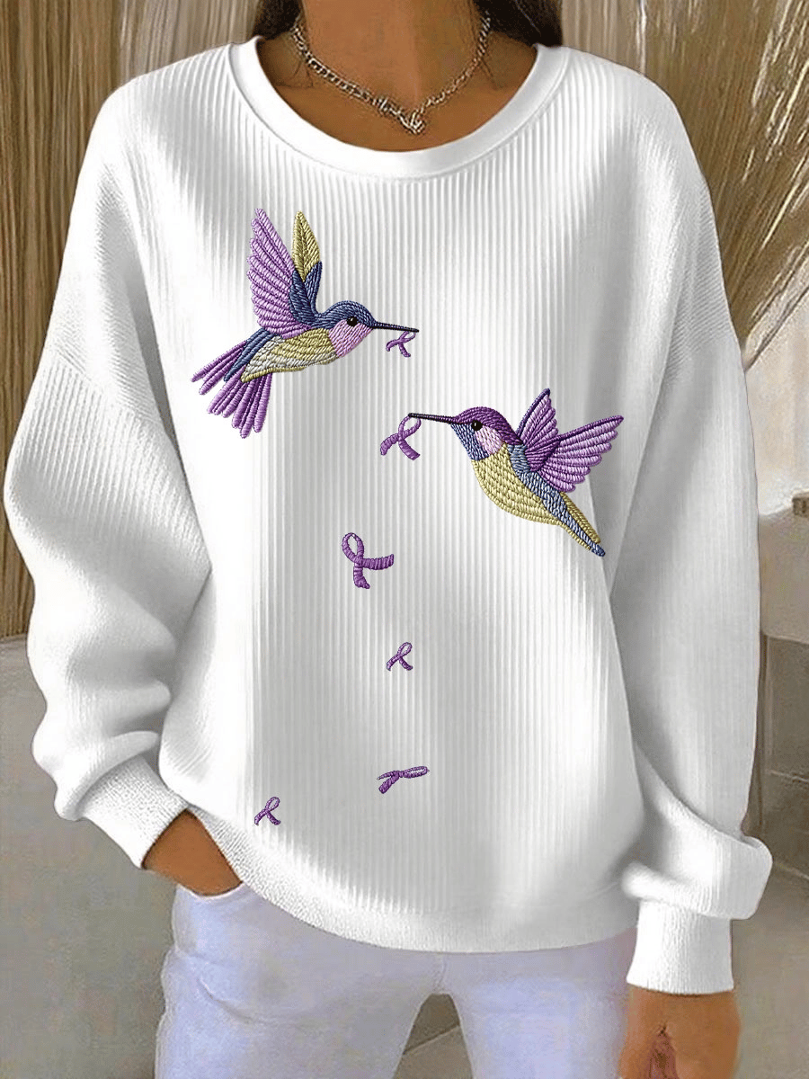 Women's Alzheimer's Awareness Art Hummingbird Purple Ribbon Print Sweatshirt