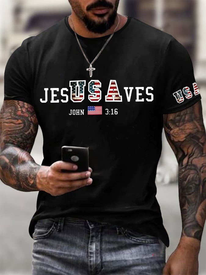 š„Buy 3 Get 15% Offš„Men's Vintage USA Jesus Saves Printed Round Neck T-Shirt