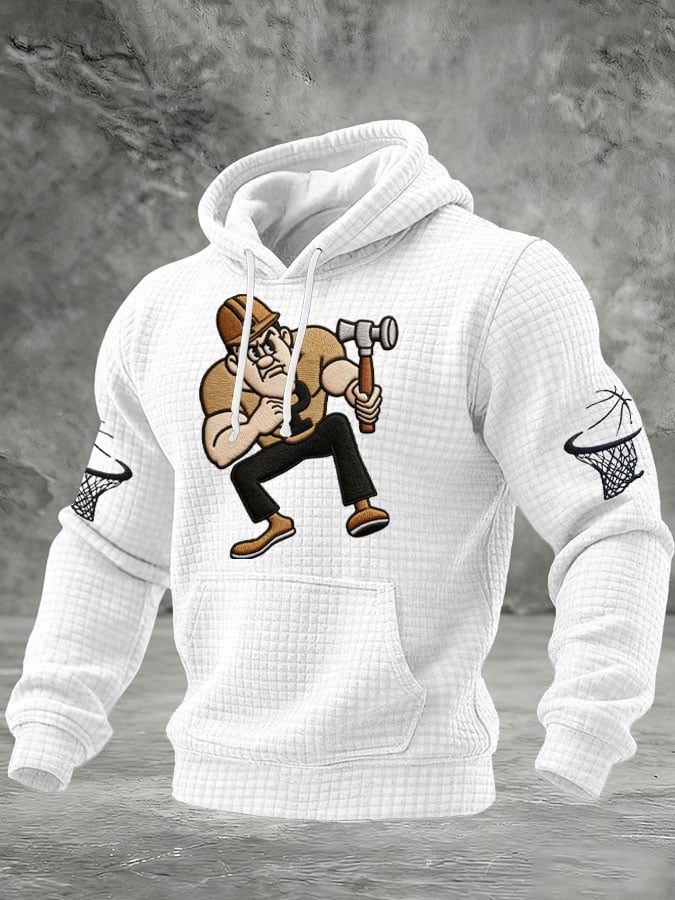 Men's Basketball Print Checkered Fabric Hooded Sweatshirt