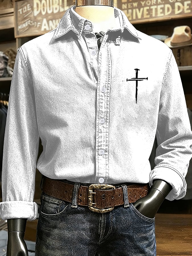 🔥Buy 3 Get 15% Off🔥Men's Vintage Faith Cross Design Printed Long Sleeve Casual Shirt