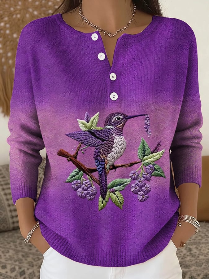 Women's Purple Gradient Hummingbird Floral Printed Sweatshirt