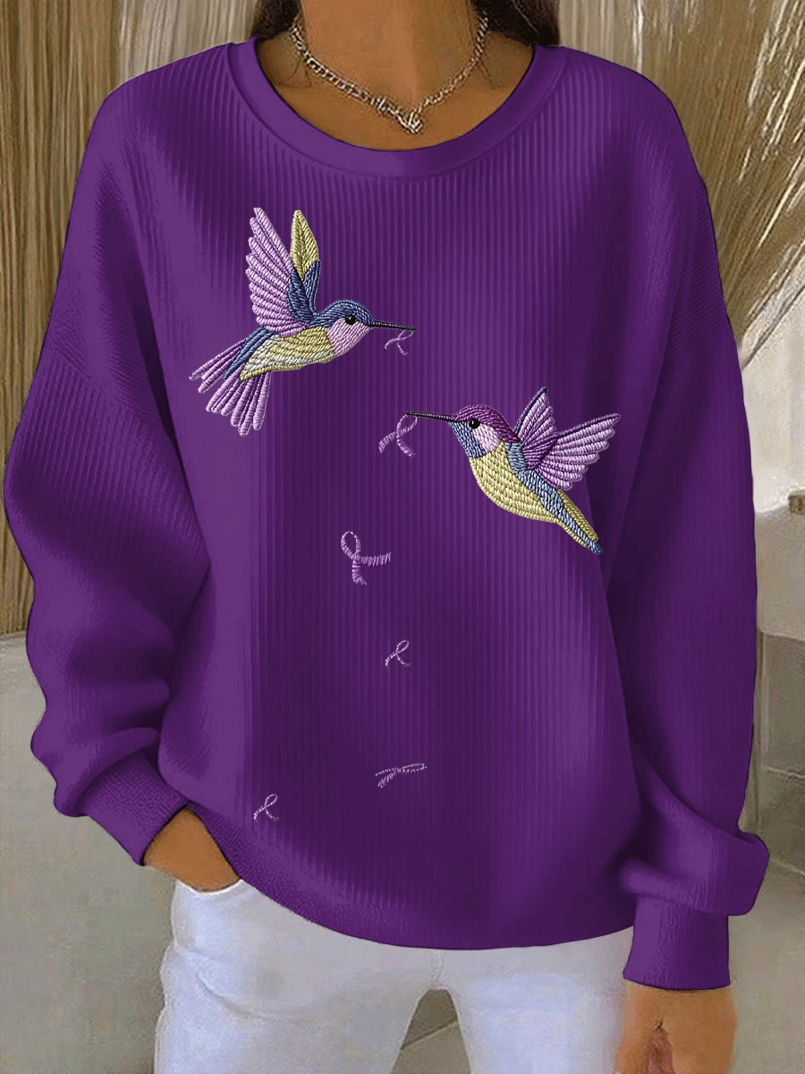 Women's Alzheimer's Awareness Art Hummingbird Purple Ribbon Print Sweatshirt