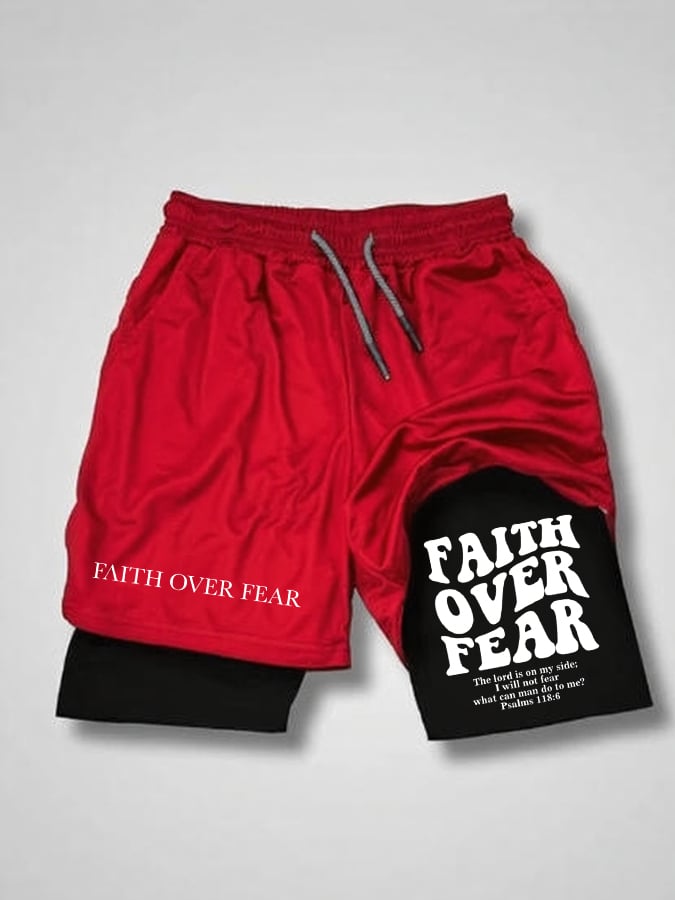 🔥Buy 3 Get 15% Off🔥Men'S Faith Over Fear Print Double Layer Shorts (With Pockets)