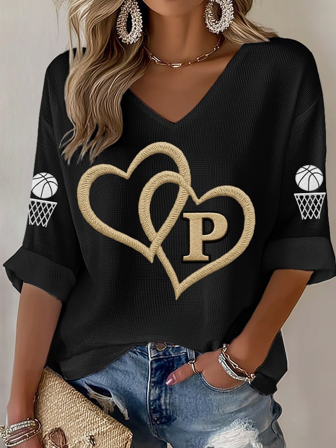 Women's Basketball Print V Neck T-shirt