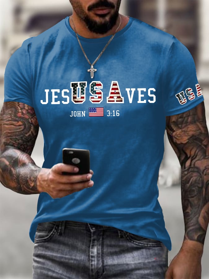 š„Buy 3 Get 15% Offš„Men's Vintage USA Jesus Saves Printed Round Neck T-Shirt