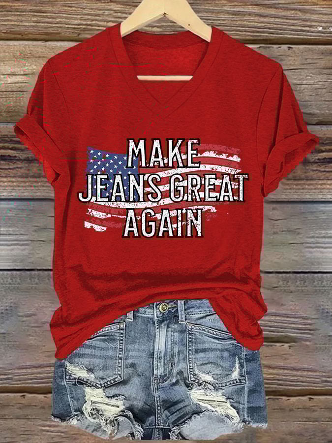 V-Neck Retro Make Jeans Great Again Print T-Shirt
