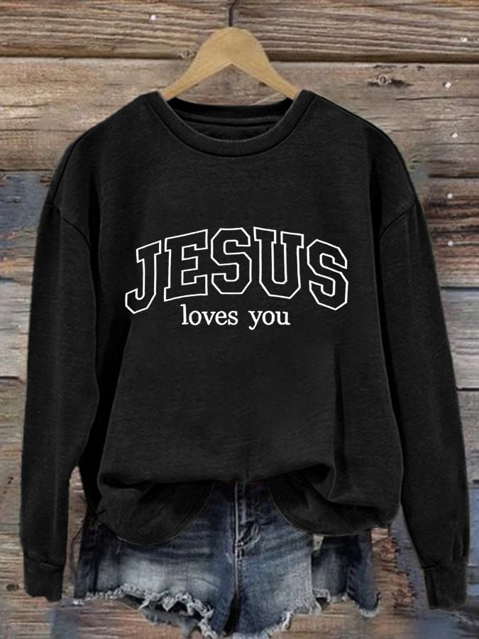Women's Casual Jesus Loves You Printed Sweatshirt