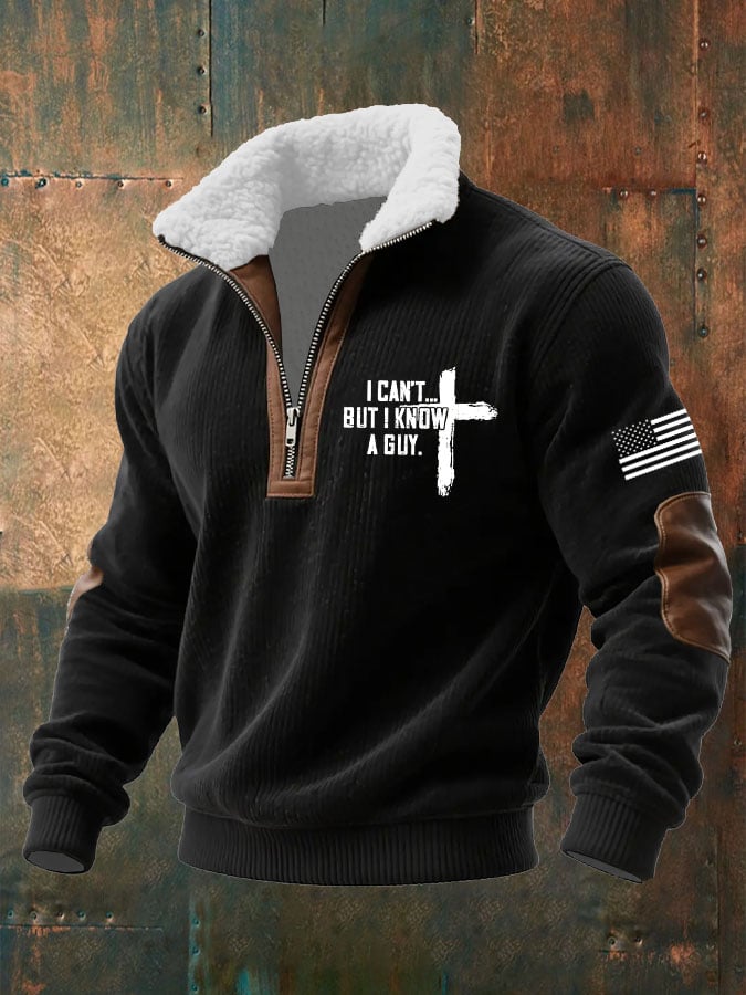 Men's I Can't But I Know A Guy Printed Knitted Fabric Zipper Fur Collar Long-Sleeved Sweatshirt