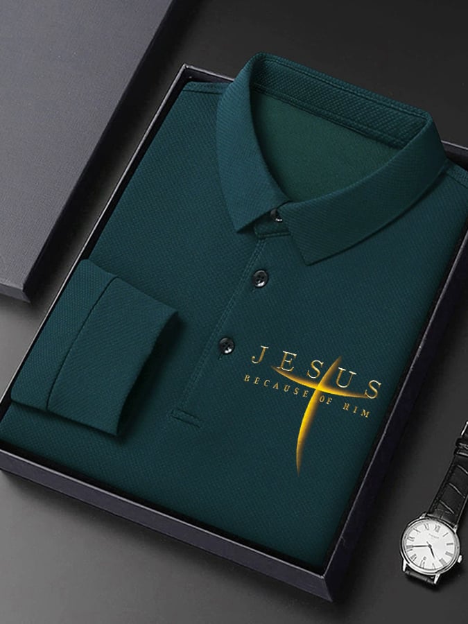 🔥Buy 3 Get 15% Off🔥Men's Vintage Faith “Jesus Because Of Him” Long Sleeves Polo Shirt