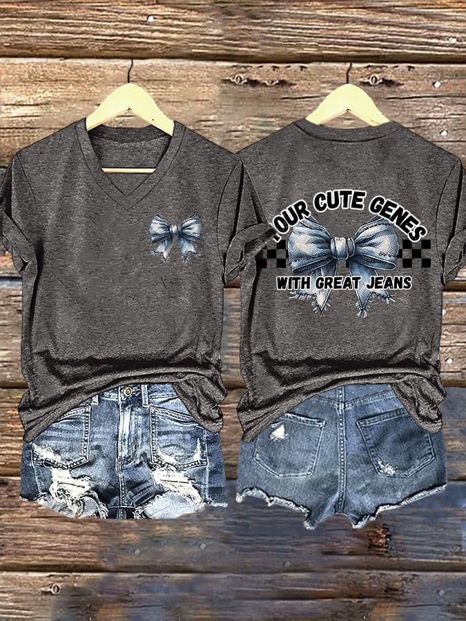 V-Neck Retro Your Cute Genes With Great Jeans Print T-Shirt