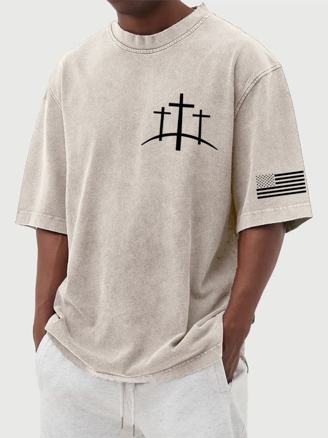 🔥Buy 3 Get 15% Off🔥Men's Flag Faith Cross Printed Cotton Washed T-Shirt
