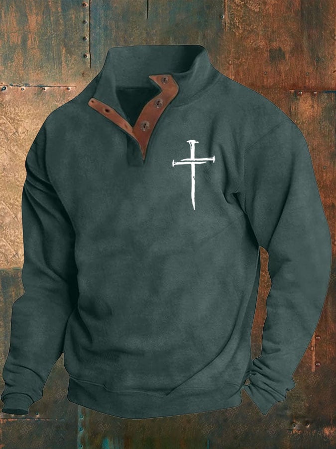 🔥Buy 3 Get 15% Off🔥Men's Faith Cross Printed Stand Collar Button Sweatshirt