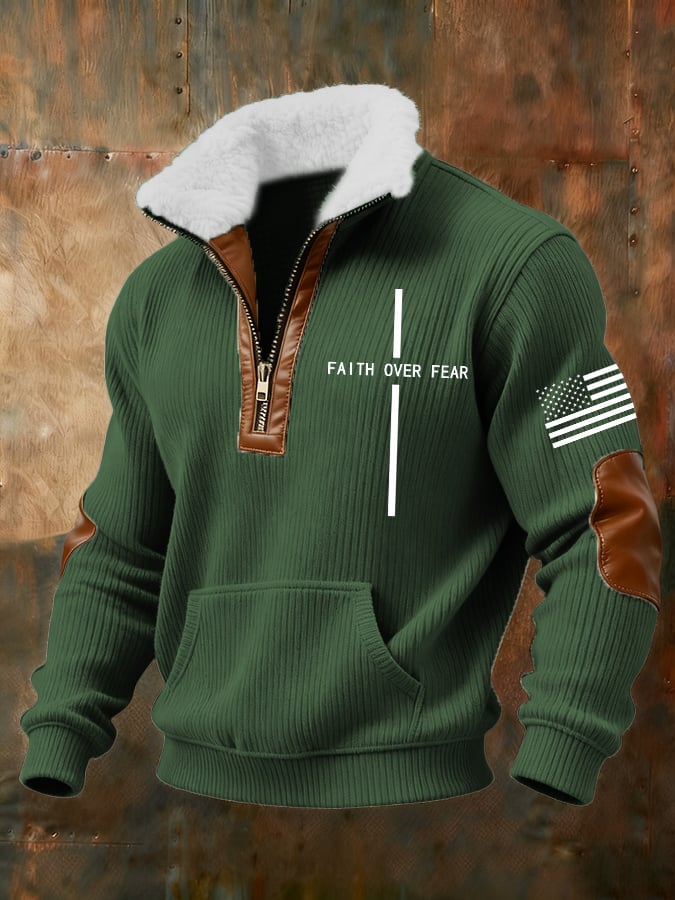 Men's Retro Faith Cross Print Zipper Fur Collar Long Sleeve Sweatshirt