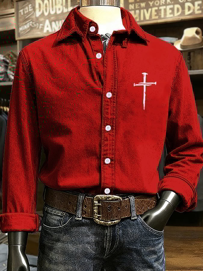 🔥Buy 3 Get 15% Off🔥Men's Vintage Faith Cross Design Printed Long Sleeve Casual Shirt