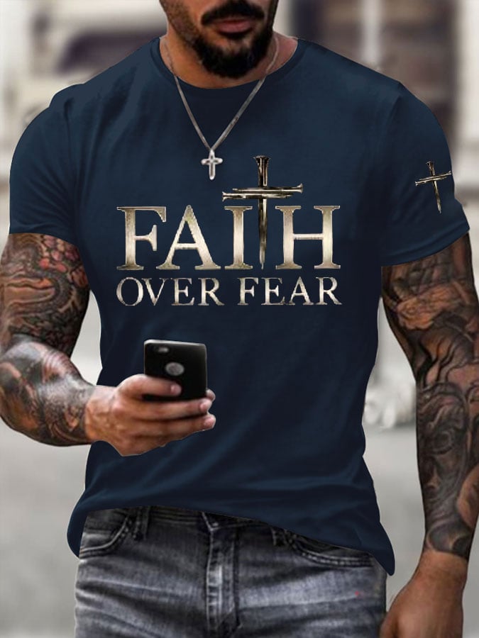 🔥Buy 3 Get 15% Off🔥🔥Hot Sale Picks 🔥Men's Faith Over Fear Cross Print T-shirt