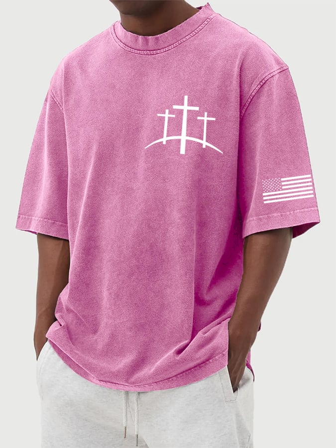 🔥Buy 3 Get 15% Off🔥Men's Flag Faith Cross Printed Cotton Washed T-Shirt