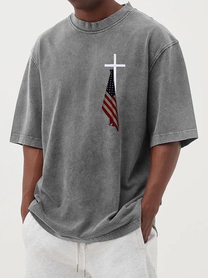 🔥Buy 3 Get 15% Off🔥Men's Vintage Flag Cross Print Cotton Washed T-Shirt