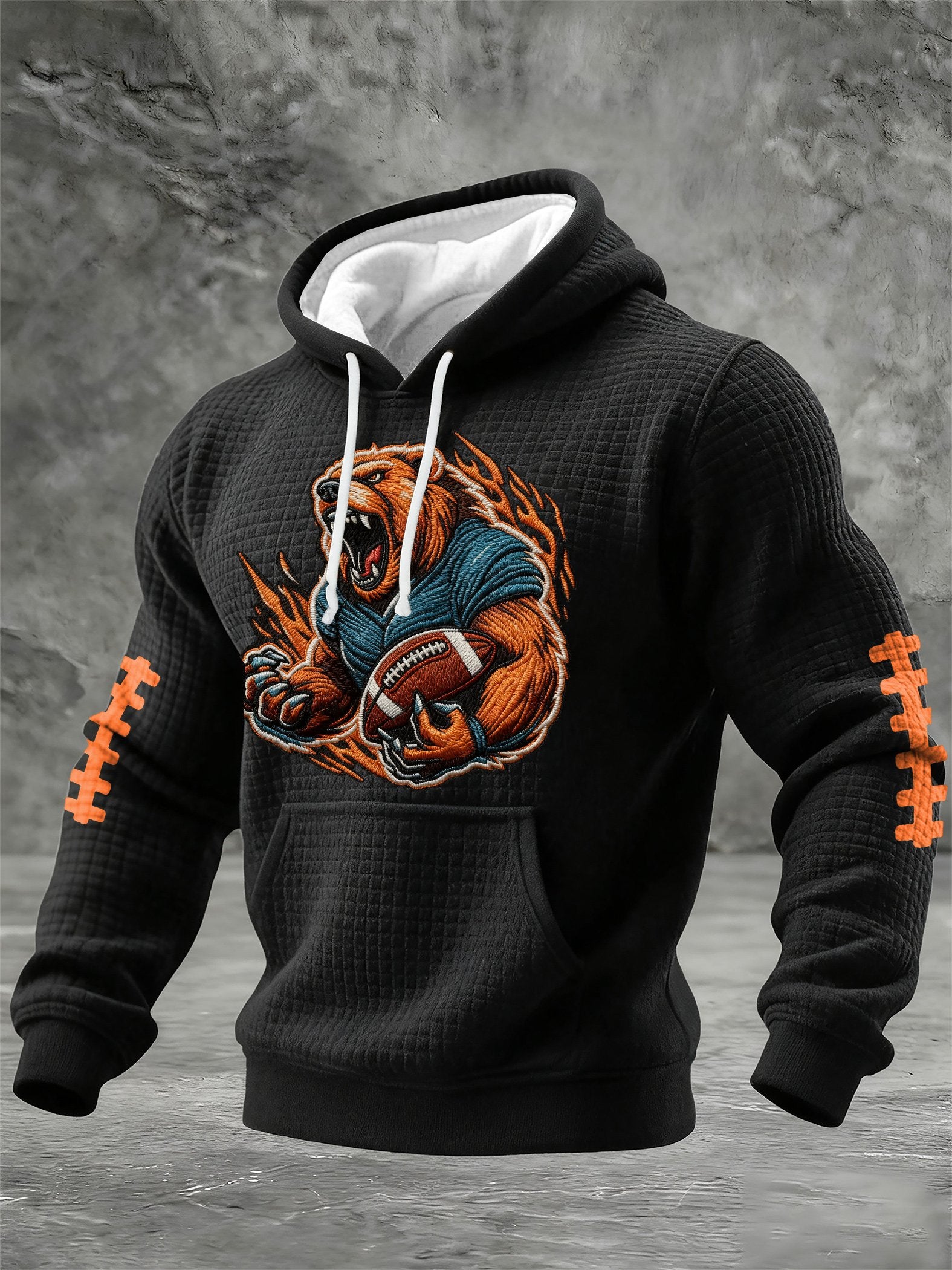Men's Football Print Checkered Fabric Hooded Sweatshirt