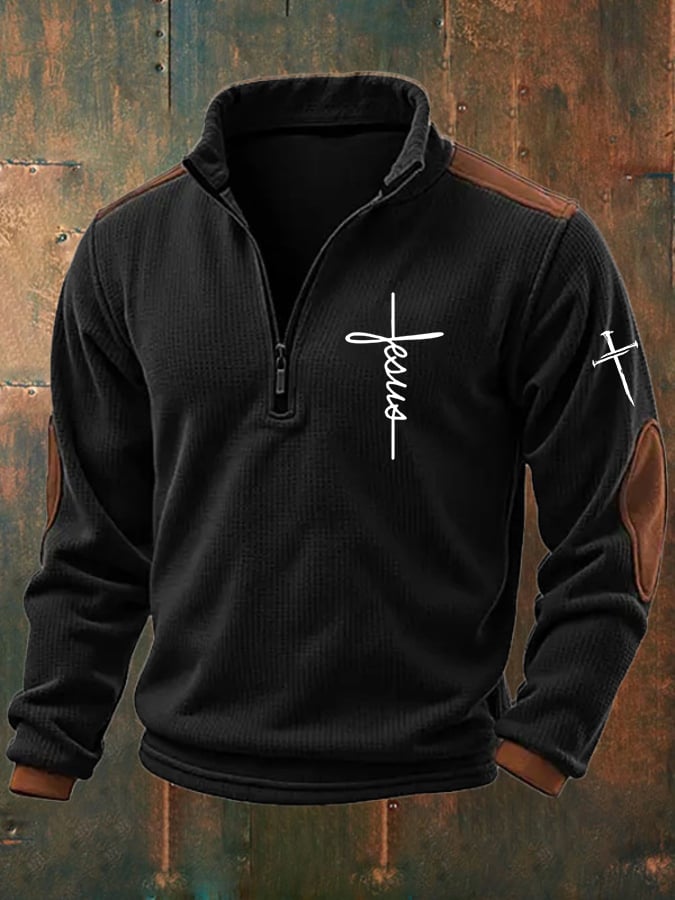 Men's Jesus Cross Print Zipper Stand Collar Sweatshirt