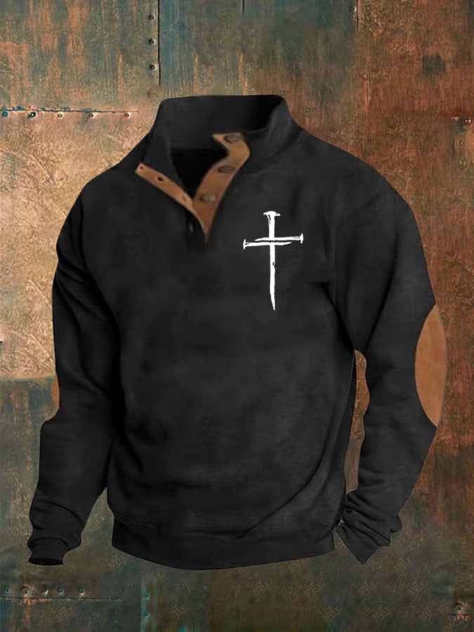 🔥Buy 3 Get 15% Off🔥Men's Faith Cross Printed Stand Collar Button Sweatshirt