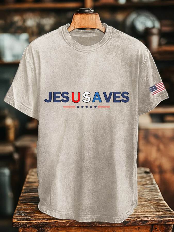 🔥Buy 3 Get 15% Off🔥Men's Vintage USA Jesus Saves Printed Round Neck T-Shirt
