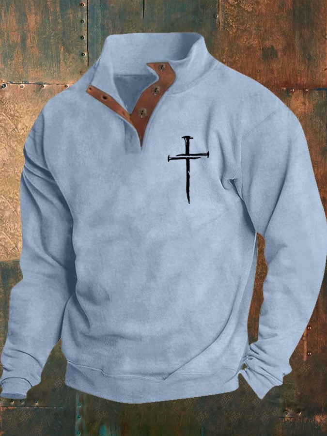 🔥Buy 3 Get 15% Off🔥Men's Faith Cross Printed Stand Collar Button Sweatshirt