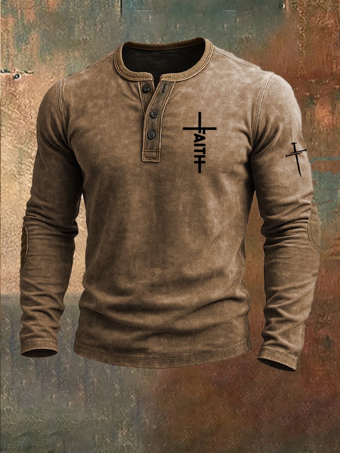 🔥Buy 3 Get 15% Off🔥Men's Vintage Faith Cross Print Henley Collar Shirt