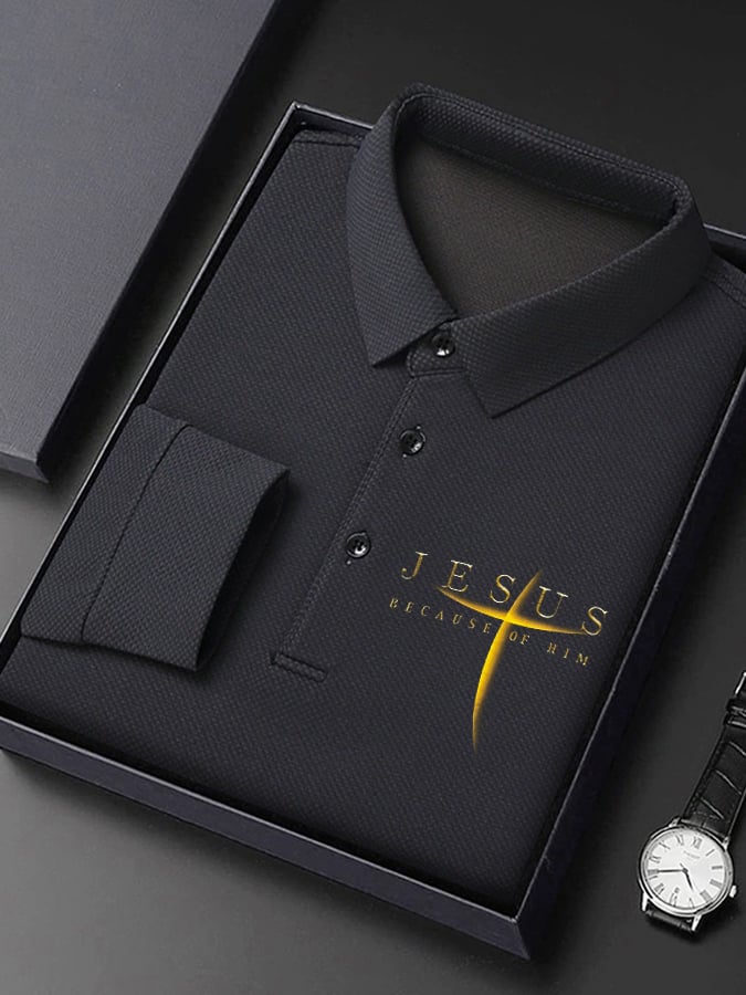š„Buy 3 Get 15% Offš„Men's Vintage Faith āJesus Because Of Himā Long Sleeves Polo Shirt