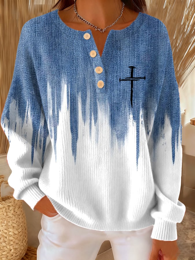 Women's Retro Faith Print Knit Button Top